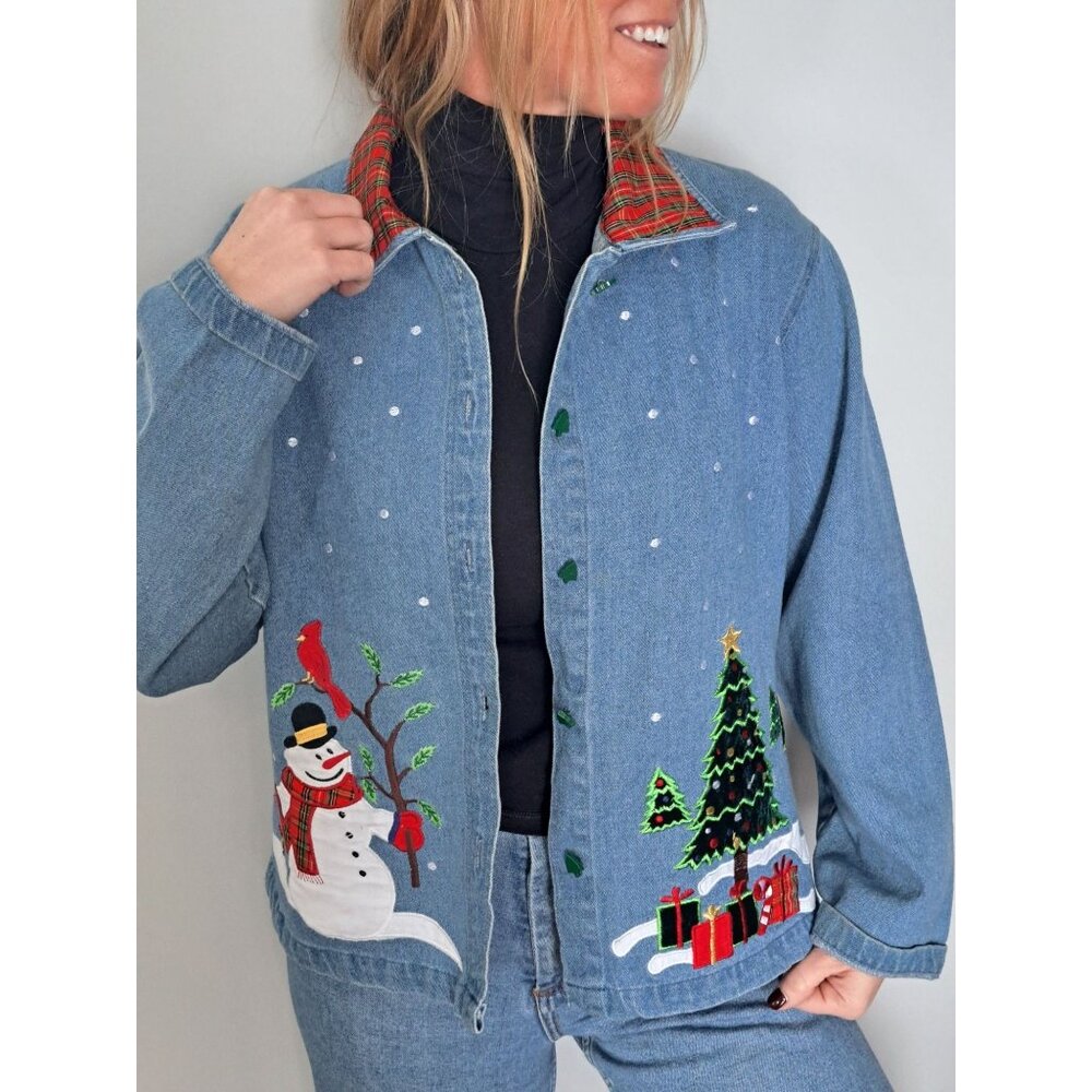 Vtg Denim Christmas Jacket Snowman Tree Embroidery Plaid Women's M Shacket